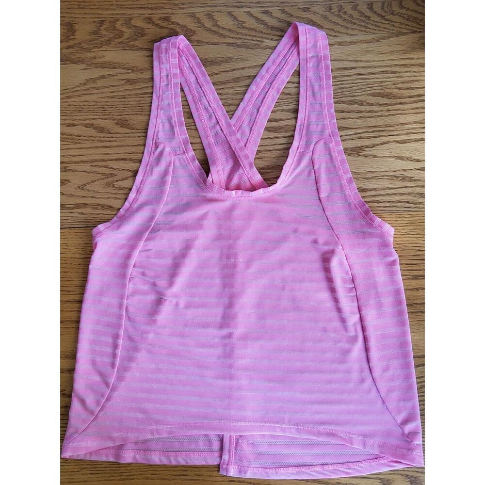 A12 ZYIA Pink Athletic Racerback Tank Top w Subtle Stripe Texture Opens In Back
